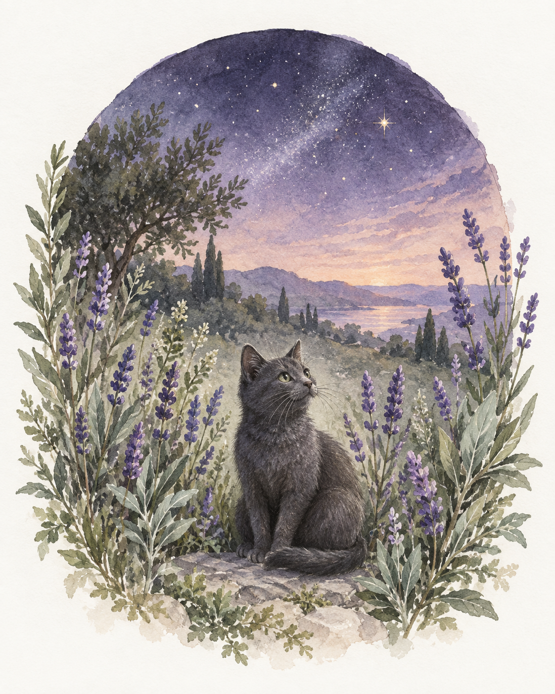 Ilustração de um gato tranquilo entre flores de lavanda sob um céu com estrelas